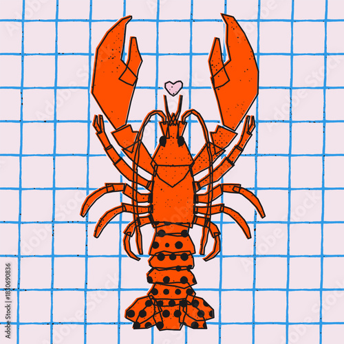 A bold and playful vector illustration of an orange lobster centered on a blue grid background