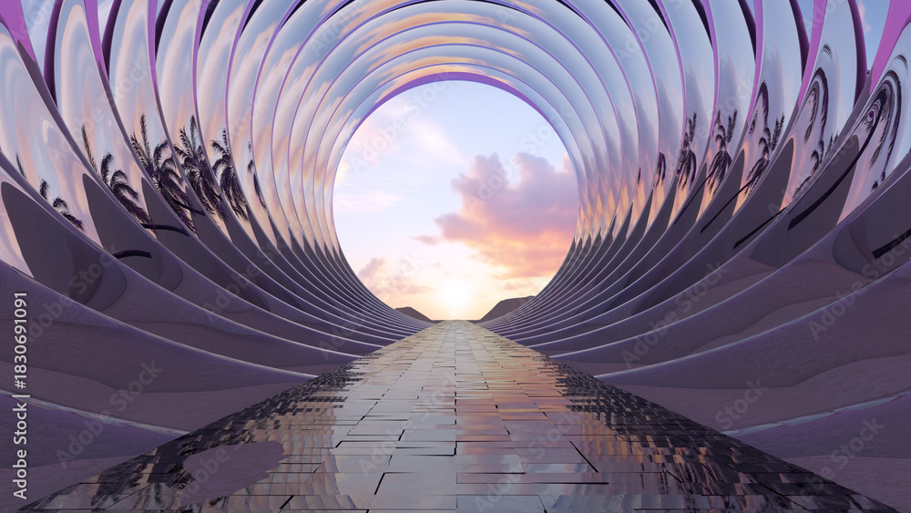 Fototapeta premium Fantastic landscape and glass arches tunnel 3D render