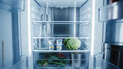 Modern Refrigerator Reveal: Fresh Produce and Beverages Inside a Stylish Kitchen, Ambient Lighting