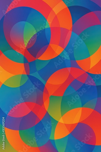 Dynamic abstract composition of overlapping translucent circles in vivid colors, creating a sense of movement, rhythm, and modern visual harmony for creative design.