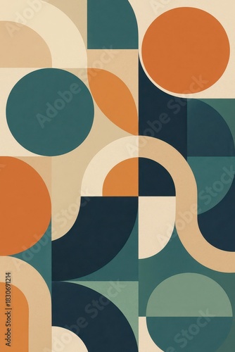 Balanced abstract composition of circles and curved shapes in muted earthy tones, creating a modern geometric background with rhythm, harmony, and contemporary design appeal.