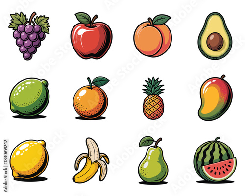 A vibrant assortment of cartoon style fruits, including grapes, apple, and watermelon.
