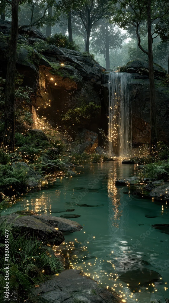 Naklejka premium Serene waterfall in tranquil forest setting.