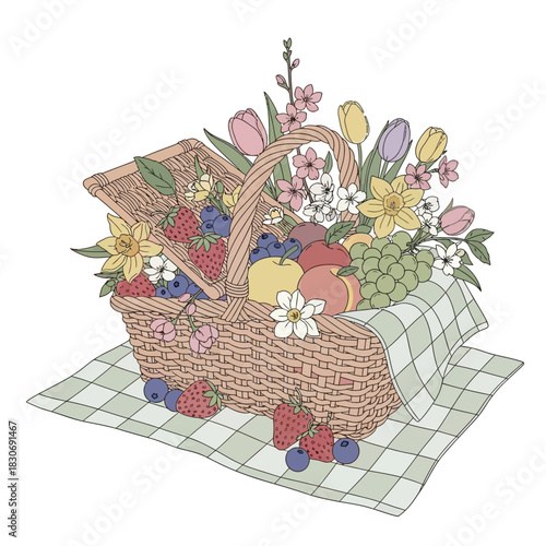 A charming hand-drawn wicker basket filled with a bounty of fresh fruits like strawberries and grapes, alongside spring flowers such as tulips and daffodils for a lovely picnic