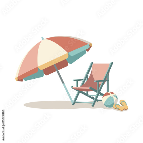 Vibrant summer beach scene with a striped umbrella, comfortable lounge chair, and playful accessories, perfect for illustrating sunny vacation getaways and ultimate seaside relaxation