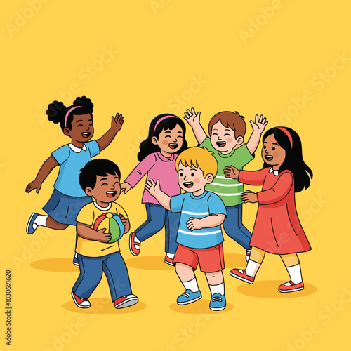 Happy diverse children playing together with a colorful ball, joyful multi-ethnic kids illustration