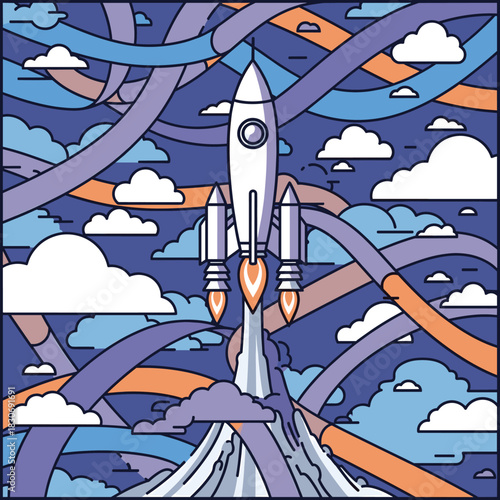Modern Rocket Launch with Dynamic Wavy Lines and Clouds in Abstract Stylized Sky Illustration