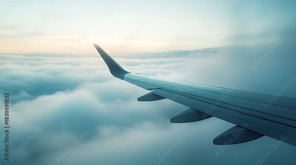 Fototapeta premium Airplane Wing Above Clouds During Sunset, Scenic Sky View, Calm Atmosphere, Travel Experience, Adventure Journey, Peaceful Moment, Dreamy Landscape