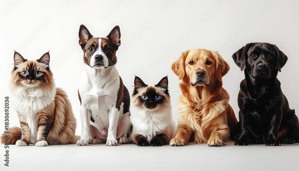 Fototapeta premium Detailed digital illustration of five diverse domestic pets: two blue-eyed Ragdoll cats, a Golden Retriever, a Black Labrador, and a mixed-breed dog, sitting together on a bright white studio backgrou