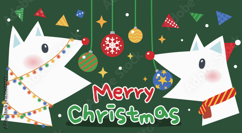 Festive White Foxes and Colorful 
Ornament illustration