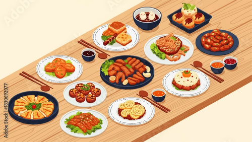 A delectable array of traditional Asian dishes beautifully presented on a wooden table, inviting a feast of flavors and a delightful culinary experience