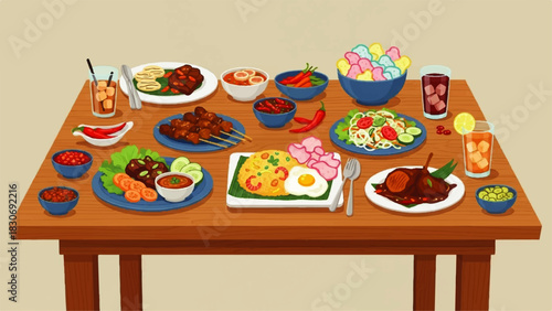 A vibrant and bountiful spread of traditional Asian culinary delights and refreshing beverages, meticulously arranged on a rustic table for an inviting gastronomic experience