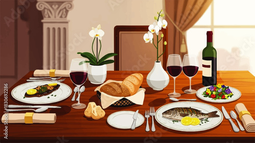 An Elegant Dining Table Displaying a Delicious Meal