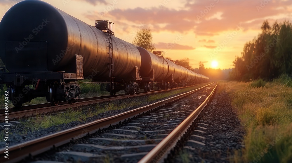 Naklejka premium Oil tank cars travel along the railway at sunset creating a scenic view of natural beauty and transportation