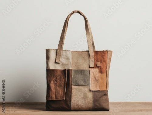 Stylish brown tote bag with patchwork design displayed on a wooden surface in a minimalistic setting