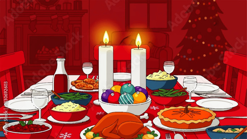 Festive Christmas Dinner Table Setting with Turkey, Pie, and Candles Illuminated by Warm Fireplace Glow