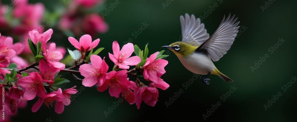 Fototapeta premium Tiny bird hovers near vibrant blossoms suspended in midair motion.