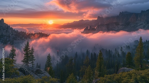 Stunning Nature Landscape Showing Gentle Morning Mist Flowing Through Mountain Valleys
