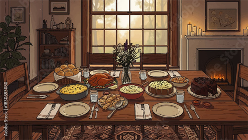 A generously laden dining table showcasing a traditional holiday feast, set in a warm and inviting home, ideal for memorable family gatherings and cherished celebrations