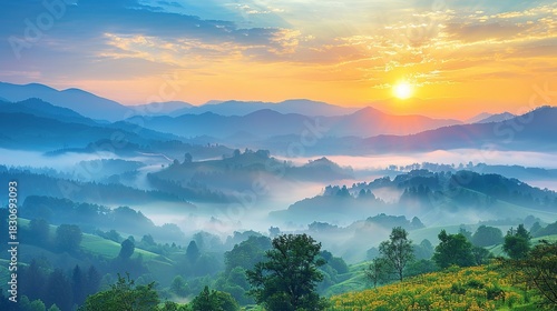 Peaceful Morning Scene with Mist Gently Spreading Across High Mountain Landscapes