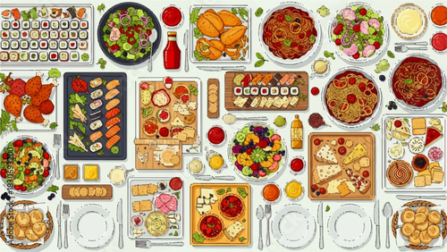 A bountiful overhead view of a vibrant feast with diverse dishes, including sushi, salads, fruits, and cheeses, set for a delightful meal