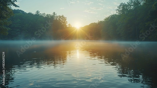 Dreamy Morning Nature View with Mist Layering Softly Above a Silent Waterscape