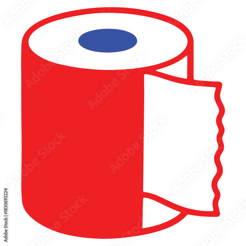 Cartoon illustration of a red toilet paper roll with a single white sheet hanging down and a blue center point