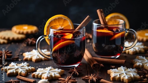Two steaming mugs of spiced mulled wine garnished with orange slices and cinnamon sticks on a wooden table surrounded by festive cookies and star anise in warm soft lighting