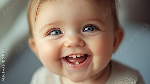 Happy baby with bright blue eyes smiling joyfully, showcasing adorable baby teeth in a warm and inviting indoor setting filled with soft light