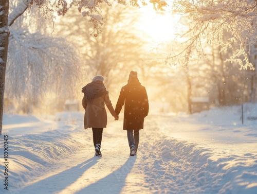 Couple enjoys a winter stroll during sunset in a snowy park path