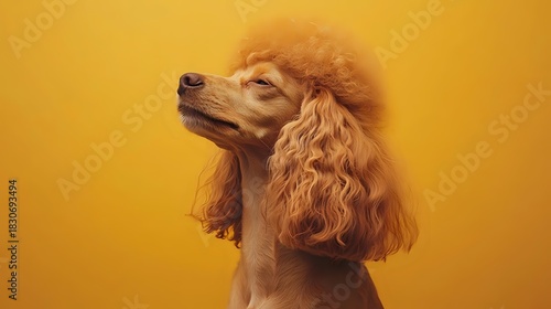 Elegant apricot standard poodle with groomed fur against vibrant yellow background, showcasing proud profile pose for pet photography.