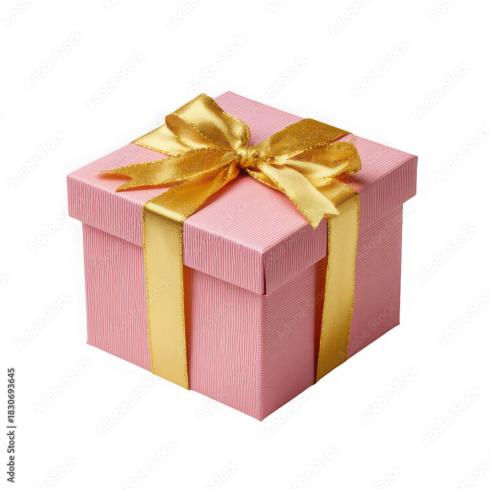 Obraz premium A beautifully decorated pink gift box with a shimmering golden ribbon and bow perfect for celebrations and special occasions isolated on transparent background