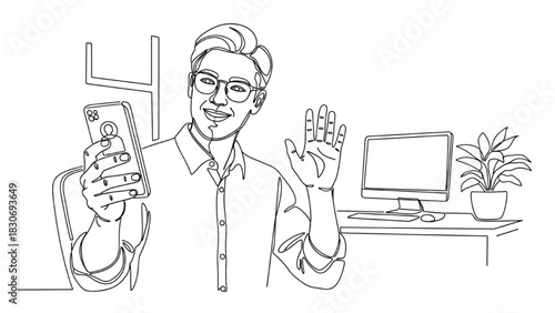 Continuous Line Art of Office Worker on Smartphone Video Call with Greeting Gesture – Minimal Black Outline Illustration