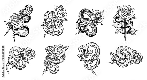 Collection of Snake and Rose Tattoo Designs in Black and White.