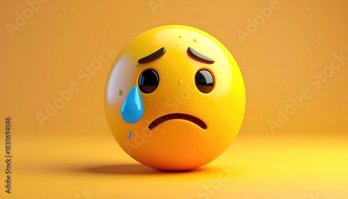 A sad emoji with a tear rolling down its cheek against a yellow background