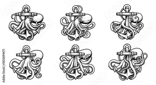 Set of Six Nautical Anchors Entwined with Kraken Tentacles.