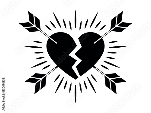 Black and white graphic of a broken heart pierced by two arrows with rays