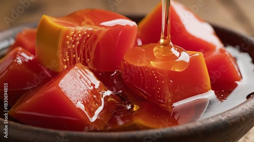 Delicious Candied Pumpkin Cubes Drizzled with Sweet Syrup A CloseUp of Traditional Confectionery Delight Perfect for Autumn and Festive Treats Showcasing Culinary Artistry and Sweet Indulgence.