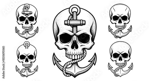 Skull and anchor tattoo design illustration, nautical theme, death concept.