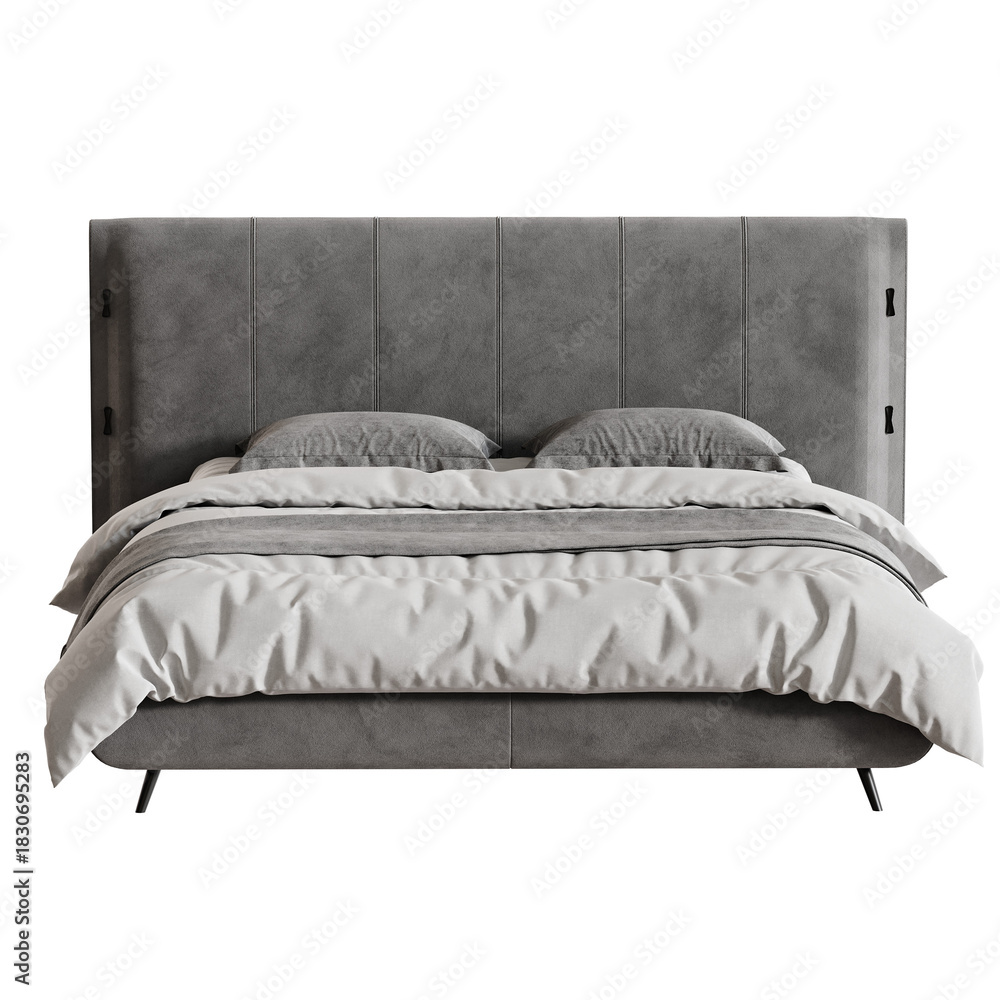 Fototapeta premium Bed with a grey headboard and white sheets
