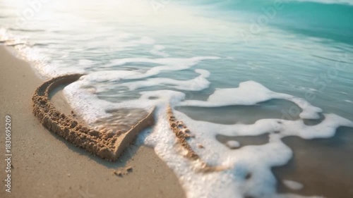 Two heart-shaped sand drawings on a beach gentle waves washing over one heart soft natural light creating a tranquil coastal scene with smooth sand and turquoise water in the background