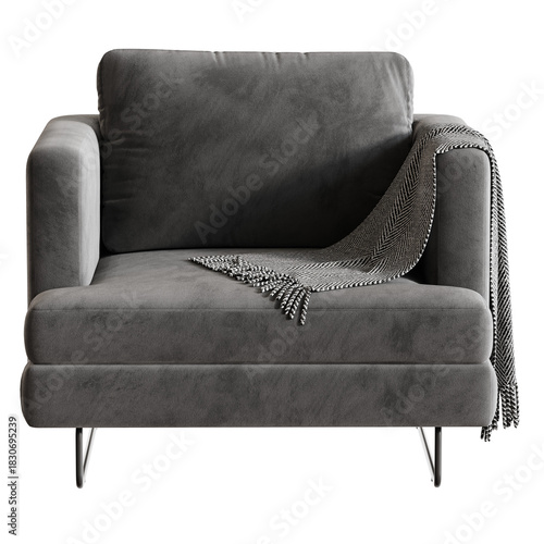 Gray chair with a black and white blanket draped over it