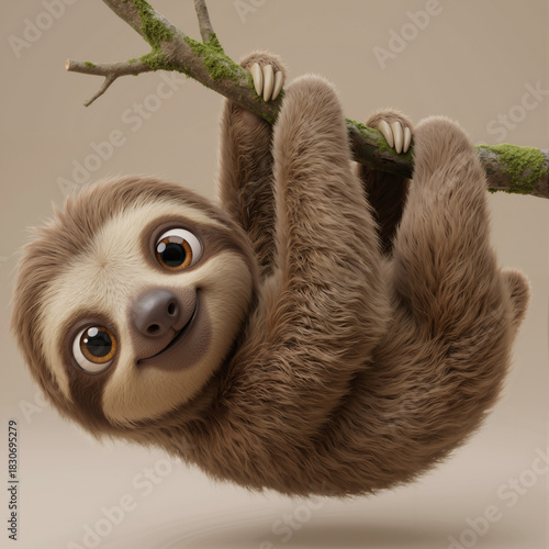 Cute 3D Baby Sloth Hanging on Tree Branch – Adorable Cartoon Forest Animal