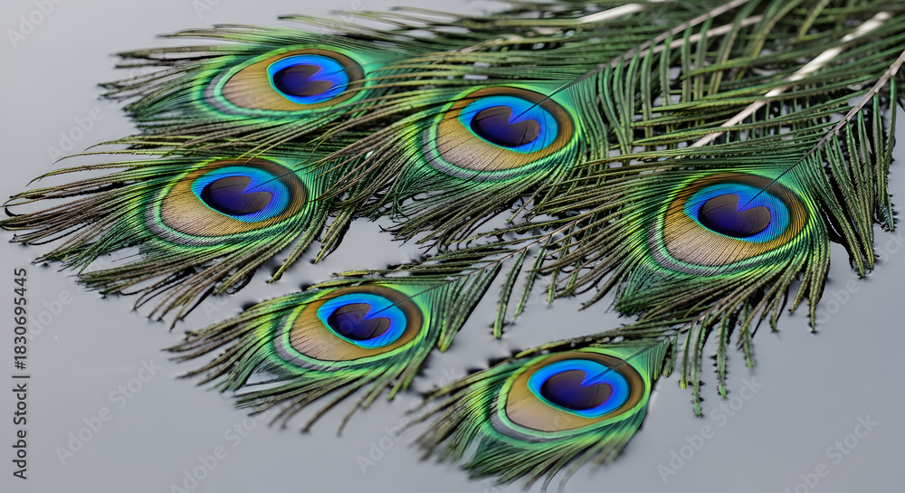 Fototapeta premium Five Iridescent Peacock Ocellus Feathers on a Polished Dark Gray Surface