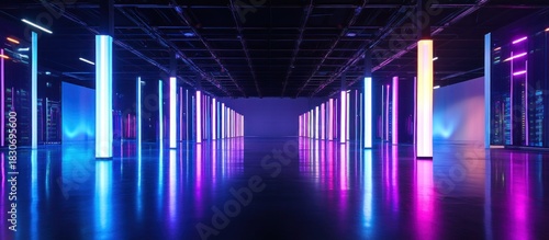 Futuristic server room with vibrant neon light columns reflecting on a dark, polished floor, creating a stunning abstract technology backdrop.