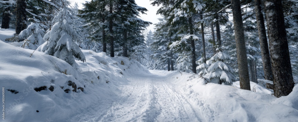 Fototapeta premium Snow-covered path twisting through woodland for off-road vehicles fun and adventure.
