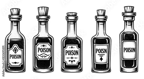 Vintage Poison Bottles Collection with Cork Stoppers.