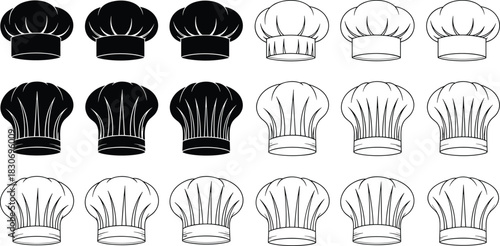 Set of chef hat silhouettes and outlines, restaurant cooking uniform icons, bakery logo design collection, cad drawing flat vector illustration.