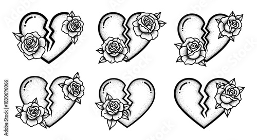 Set of six broken heart illustrations with roses in a tattoo style.
