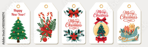 Set of five festive gift tags with Christmas, New Year themes a Christmas tree, candy canes, fir branches, a snow globe, a sleigh with gifts. Vector illustrations for holiday design and gift wrapping